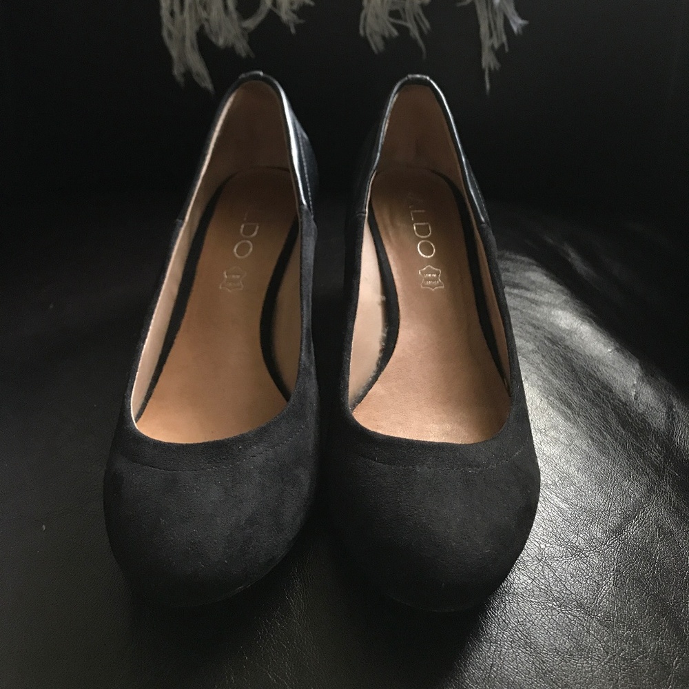 Black Suede Low Heel Wedges with Leather Accent